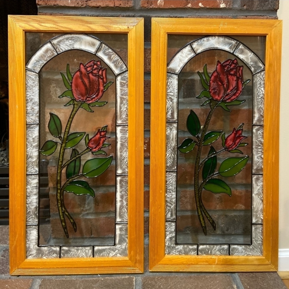 Wood Framed Painted Roses Art Panel Stained Glass